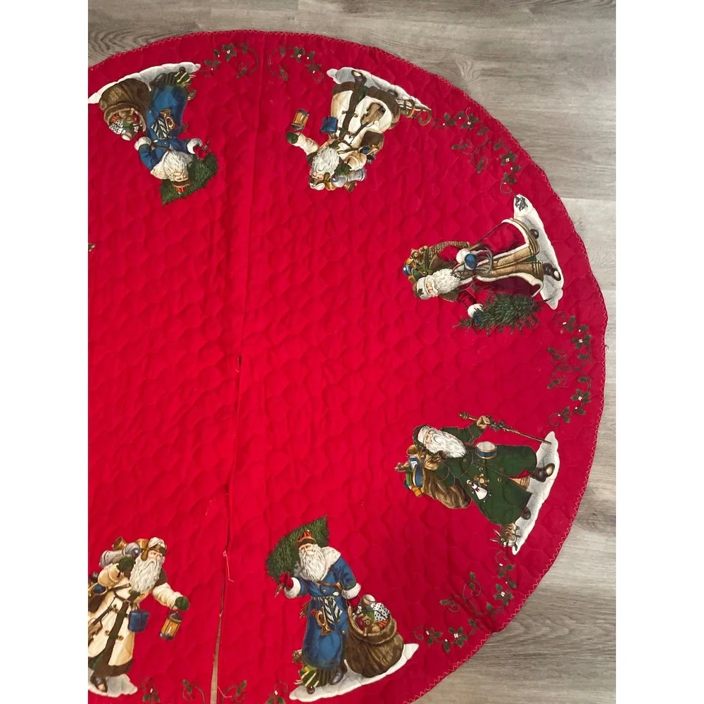 Vintage 90s Red Quilted Christmas Tree Skirt Old World Santa Applique 51in Decor